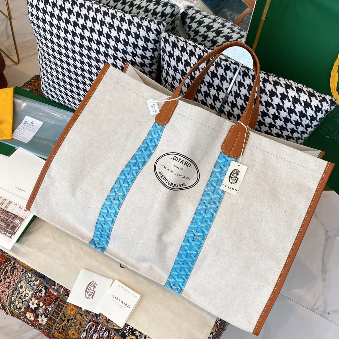 Gogy Large Canvas Tote Bag with Leather Handles and Blue Geometric Stripes