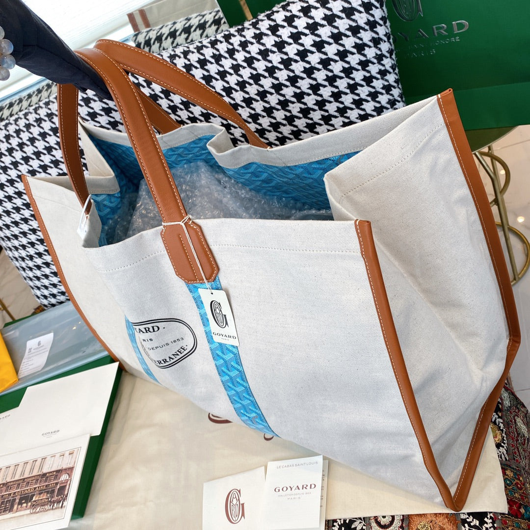 Gogy Large Canvas Tote Bag with Leather Handles and Blue Geometric Stripes