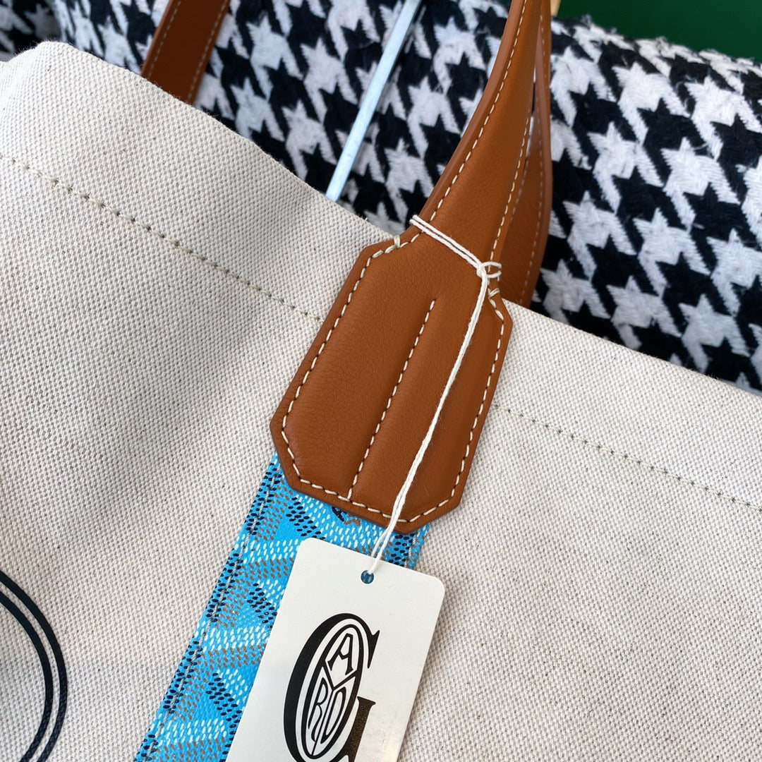 Gogy Large Canvas Tote Bag with Leather Handles and Blue Geometric Stripes