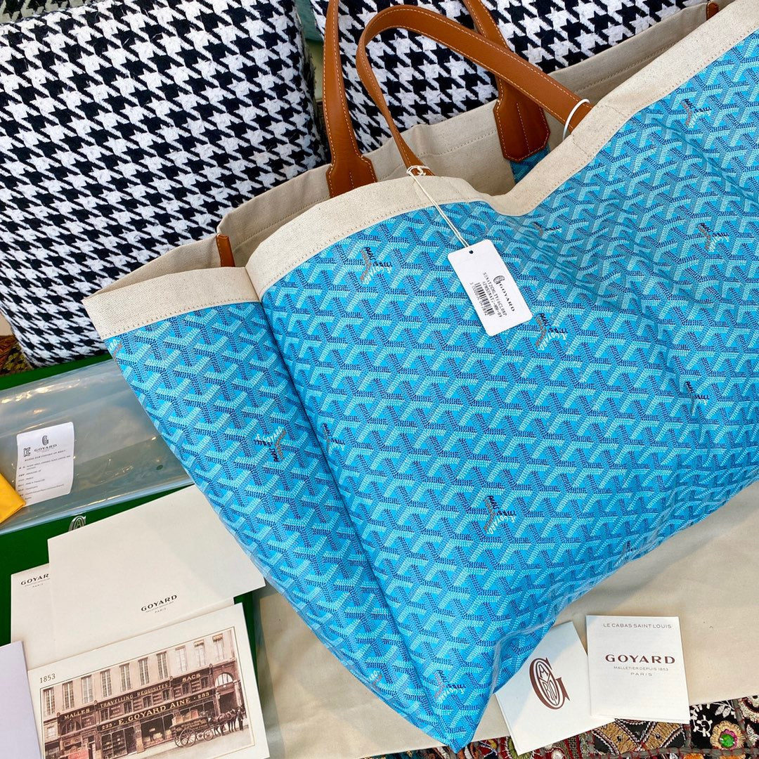 Gogy Blue Chevron Monogram Canvas Travel Tote Bag with Leather Handles