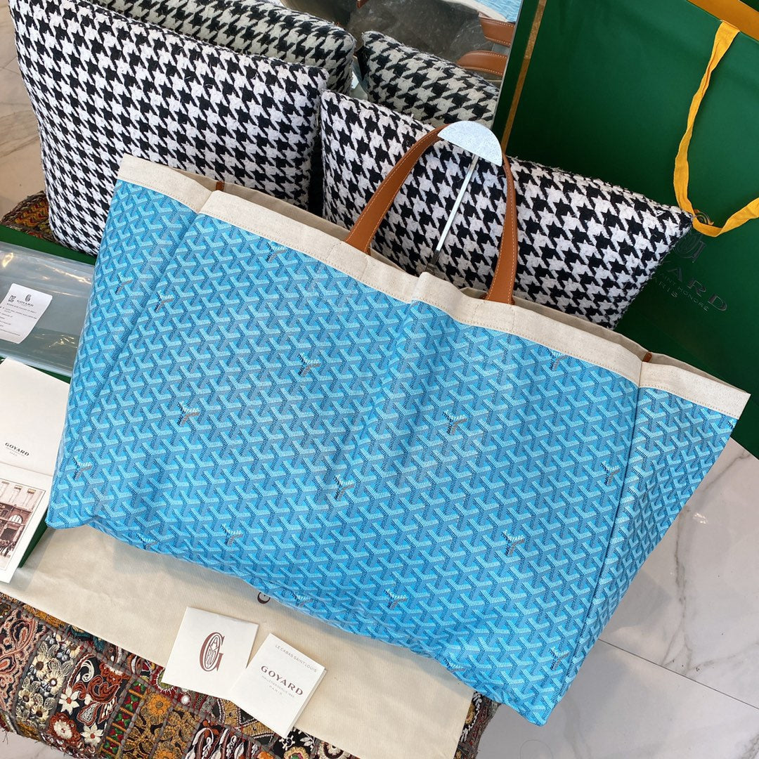 Gogy Blue Chevron Monogram Canvas Travel Tote Bag with Leather Handles