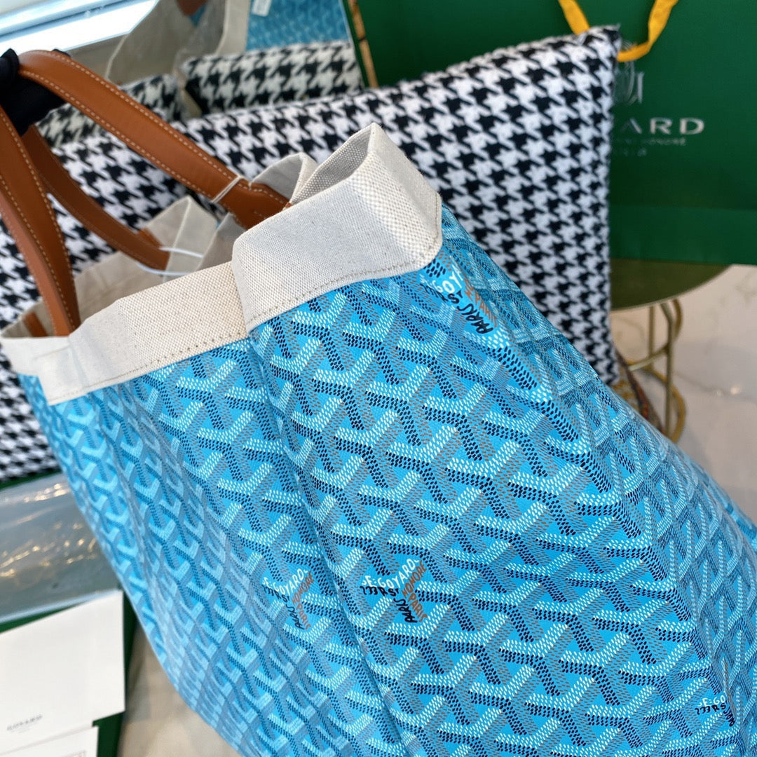Gogy Blue Chevron Monogram Canvas Travel Tote Bag with Leather Handles