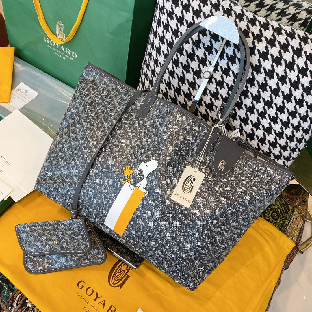 Gogy Blue Chevron Geometric Print Tote Bag with Cartoon Character and Stripes