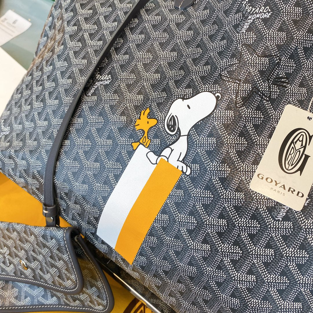 Gogy Blue Chevron Geometric Print Tote Bag with Cartoon Character and Stripes