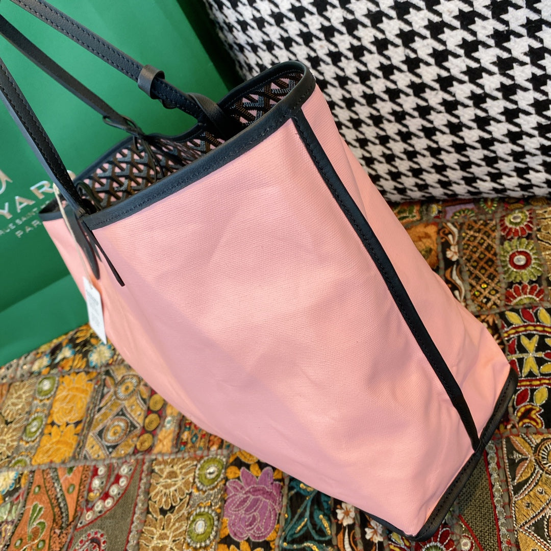 Gogy Elegant Pink Canvas Handbag with Black Leather Trim Detail