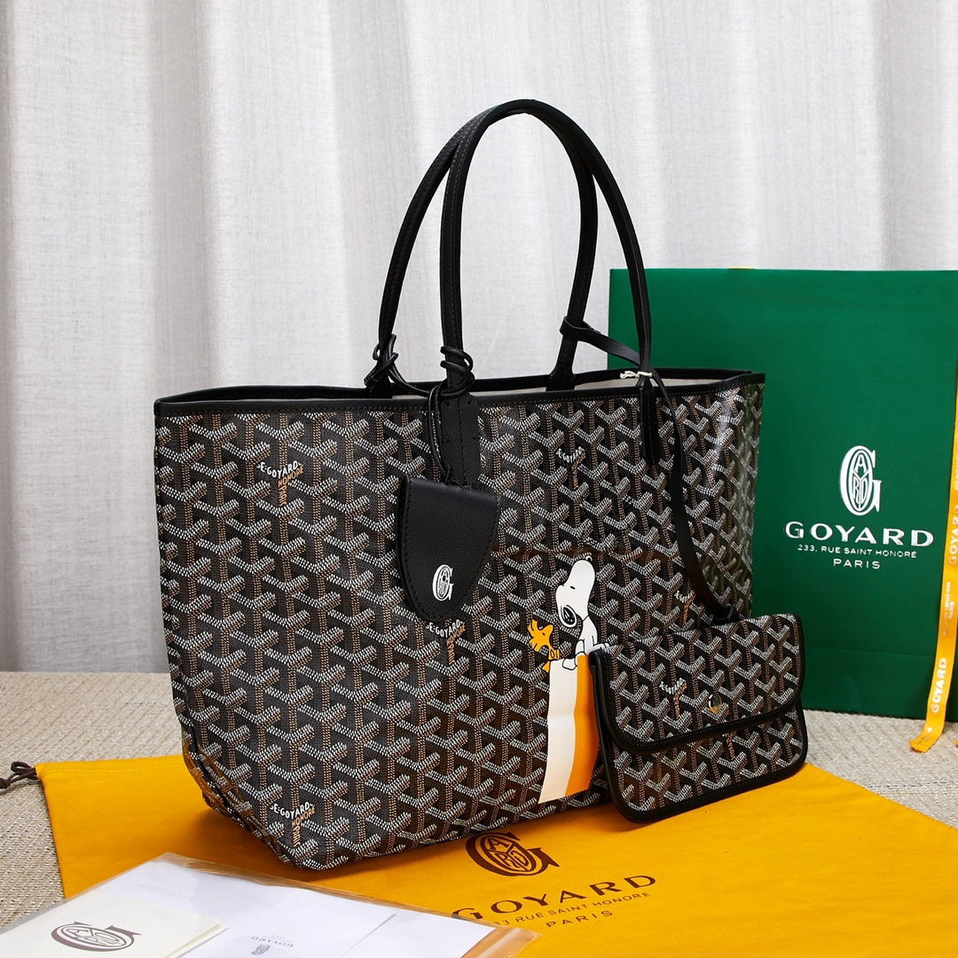 Gogy Classic Monogram Canvas Tote Bag with Matching Pouch and Cartoon Dog Print