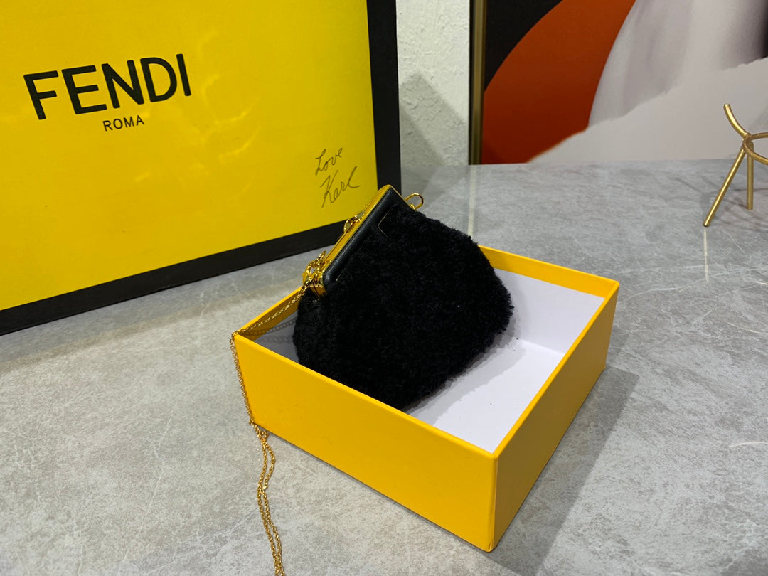 Fendi First Nano Black Shearling Chain Bag with Box