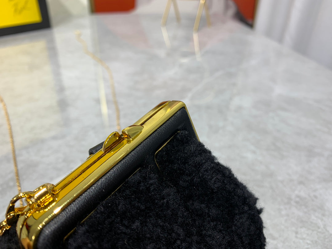 Fendi First Nano Black Shearling Chain Bag with Box