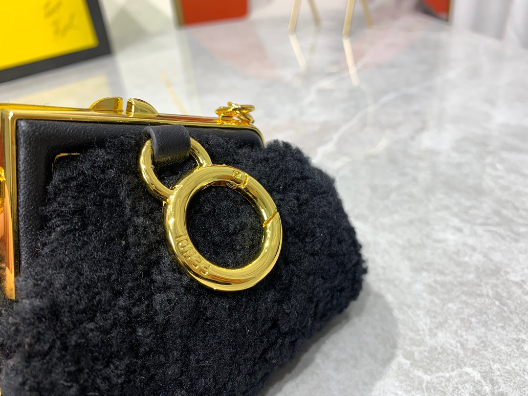 Fendi First Nano Black Shearling Chain Bag with Box