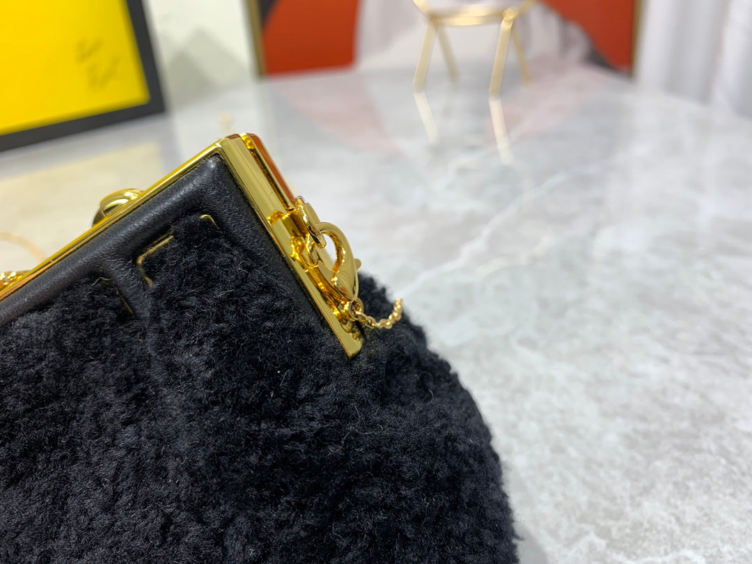 Fendi First Nano Black Shearling Chain Bag with Box