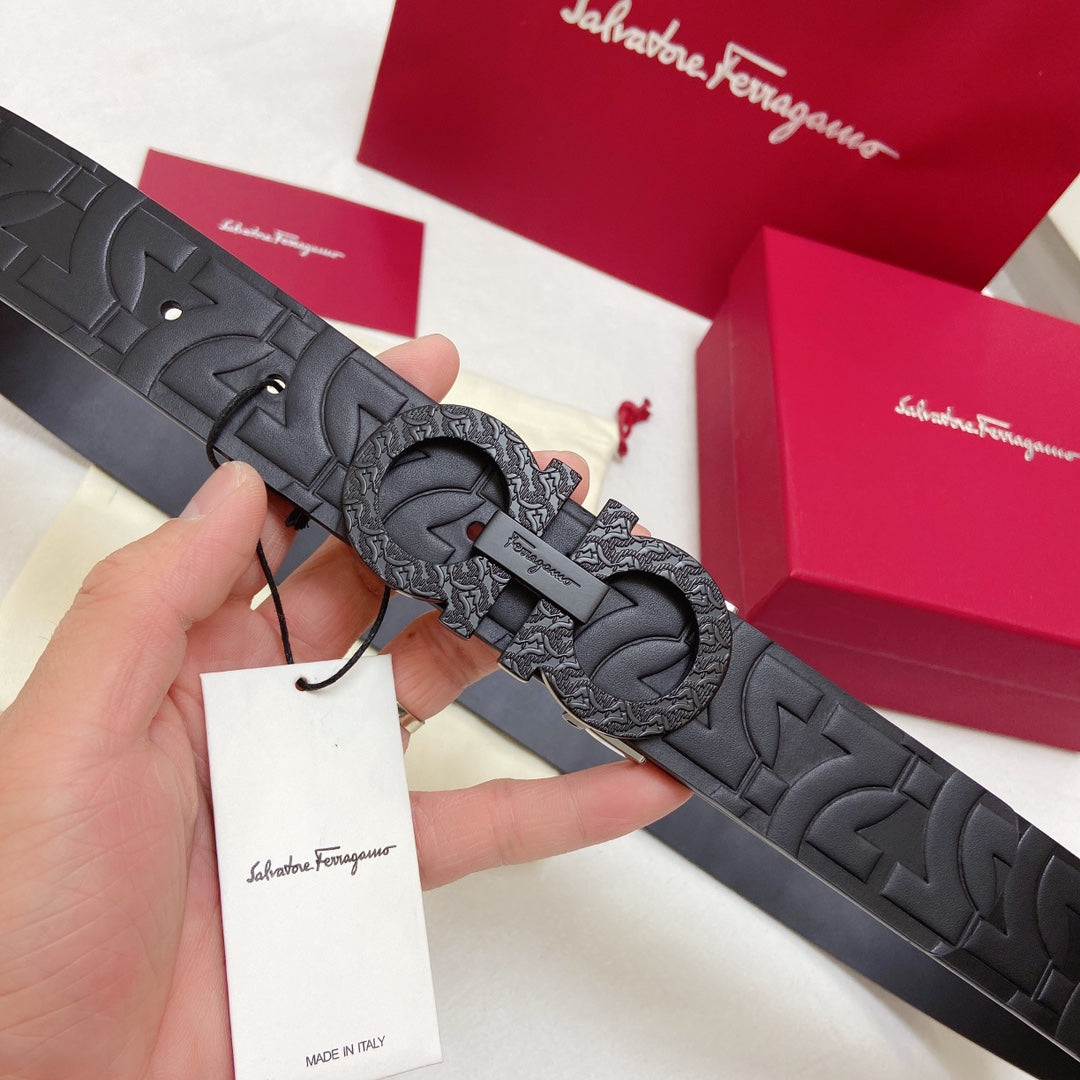 Salvatore Ferragamo Men's Gancini Reversible Embossed Leather Belt, Black