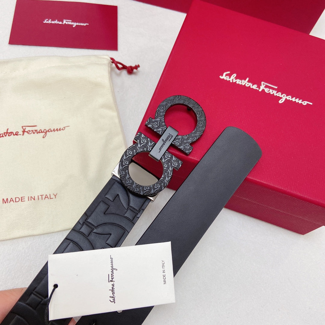Salvatore Ferragamo Men's Gancini Reversible Embossed Leather Belt, Black