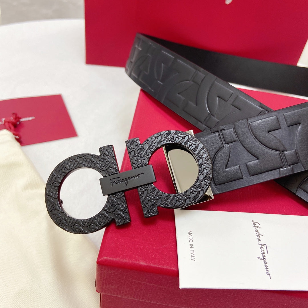Salvatore Ferragamo Men's Gancini Reversible Embossed Leather Belt, Black