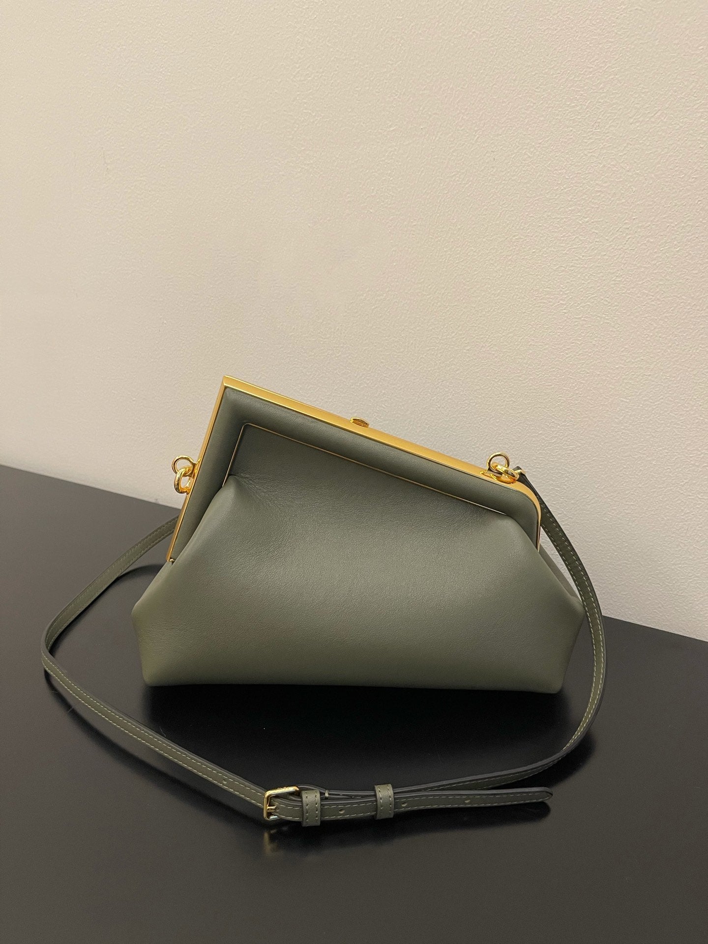 Sage Green Leather Frame Clutch Crossbody Bag with Gold Hardware