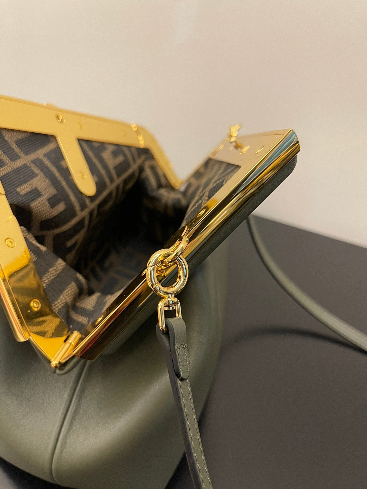 Sage Green Leather Frame Clutch Crossbody Bag with Gold Hardware