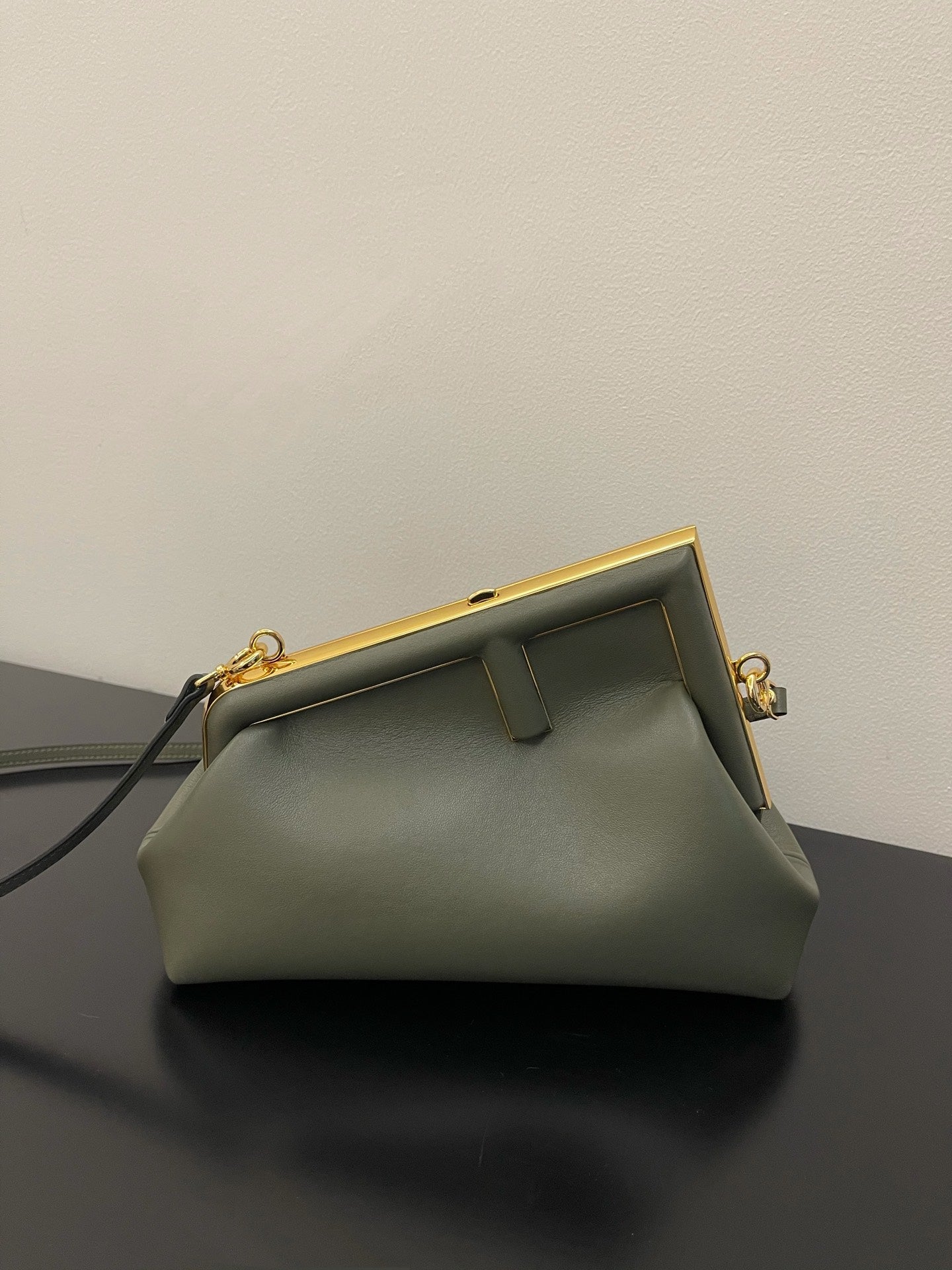 Sage Green Leather Frame Clutch Crossbody Bag with Gold Hardware