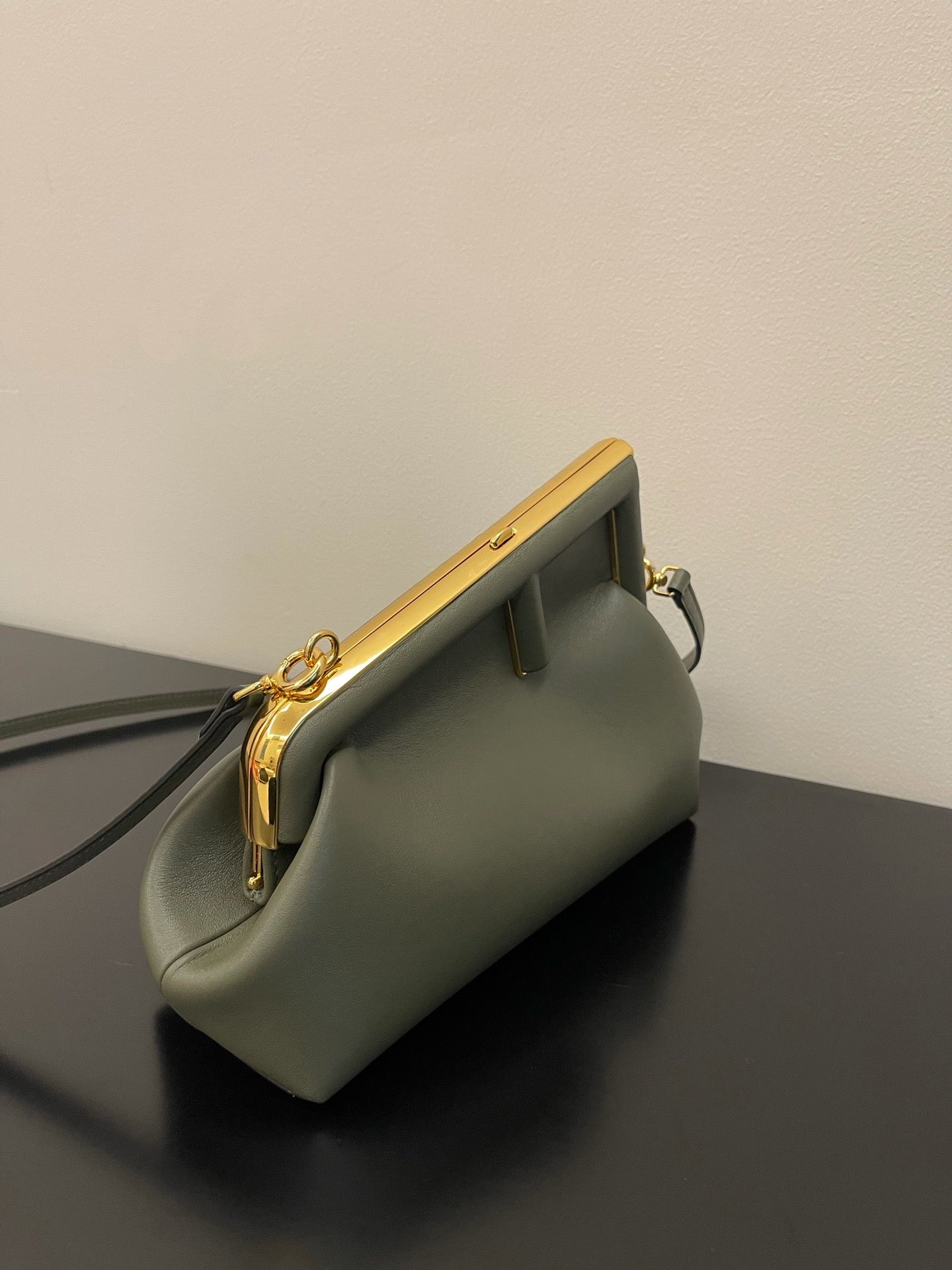 Sage Green Leather Frame Clutch Crossbody Bag with Gold Hardware