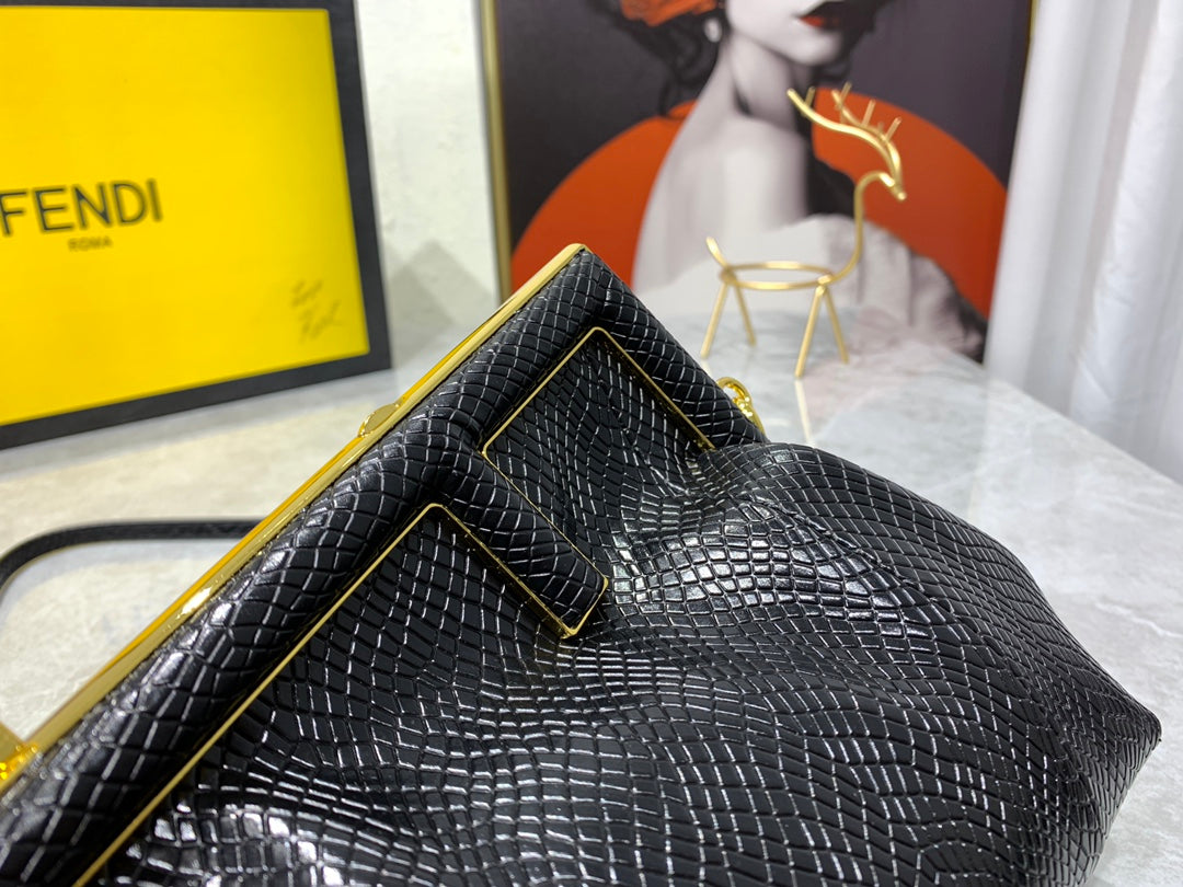 Fendi First Small Black Nappa Leather Clutch Bag with Gold Hardware