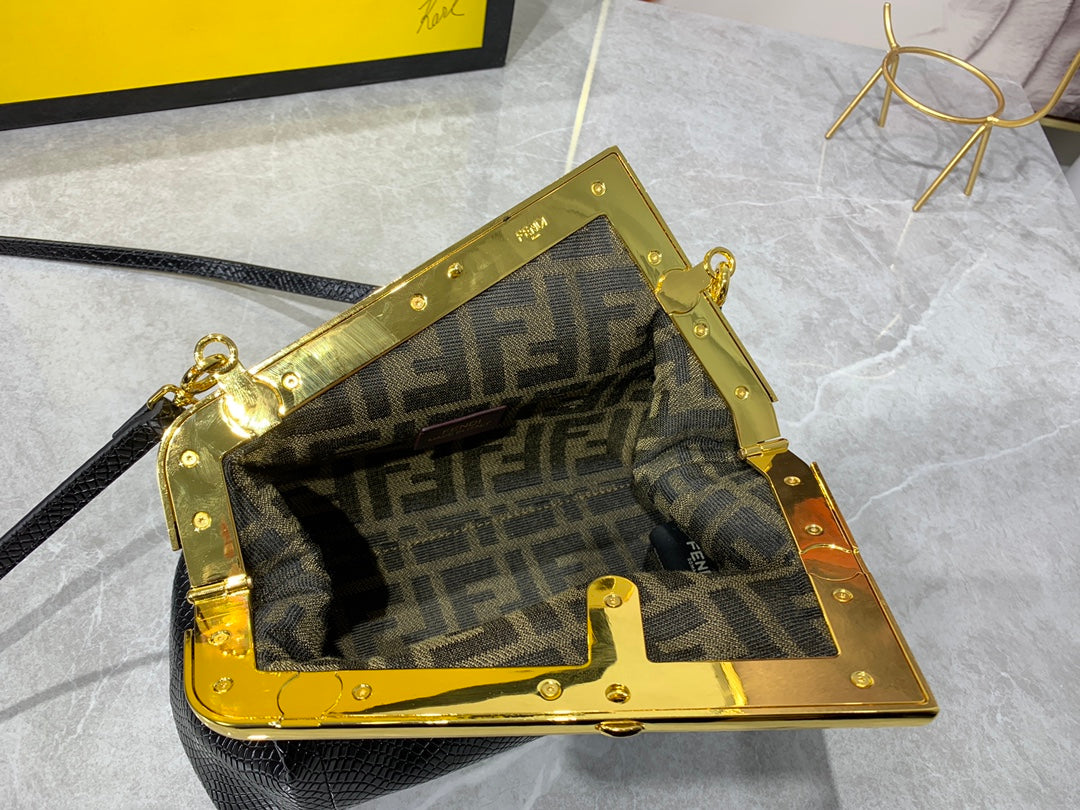Fendi First Small Black Nappa Leather Clutch Bag with Gold Hardware