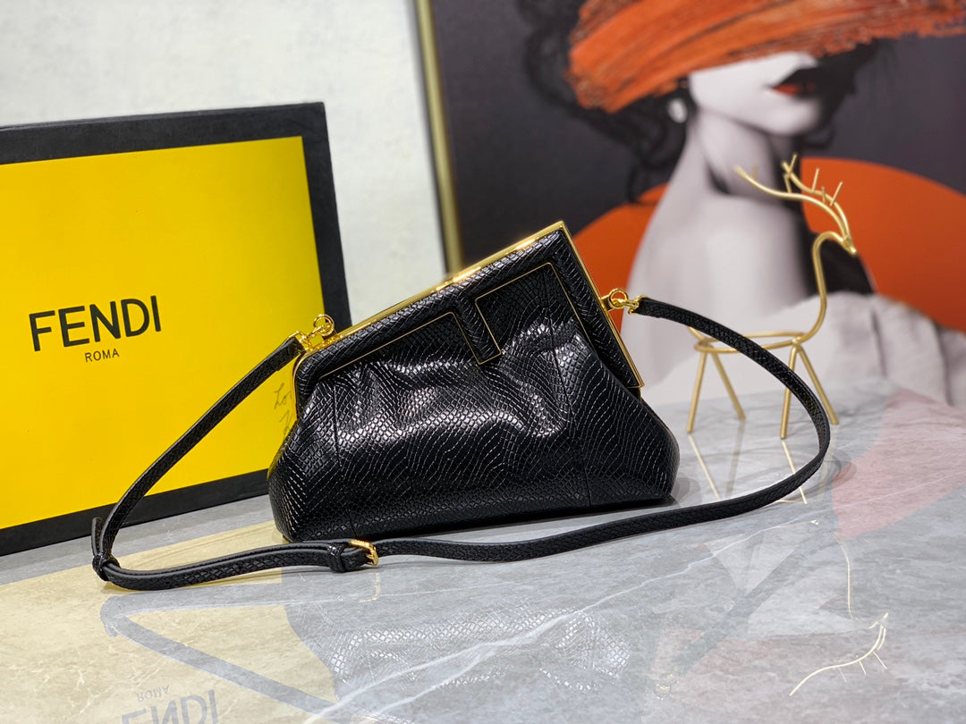 Fendi First Small Black Nappa Leather Clutch Bag with Gold Hardware