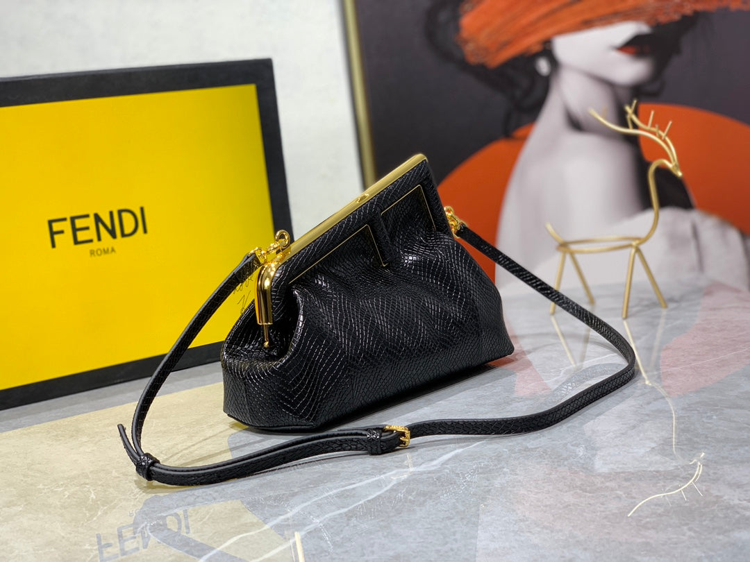 Fendi First Small Black Nappa Leather Clutch Bag with Gold Hardware