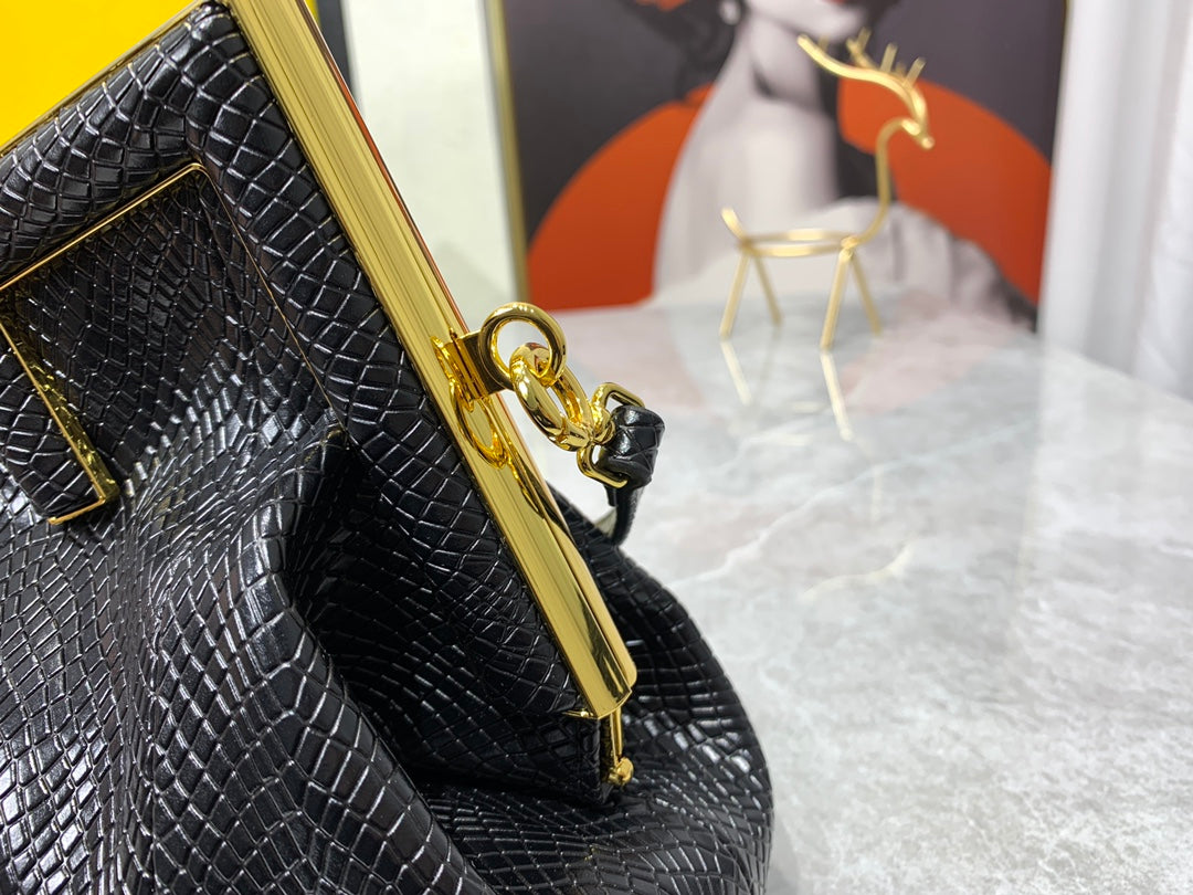 Fendi First Small Black Nappa Leather Clutch Bag with Gold Hardware
