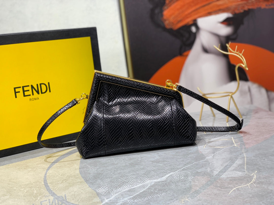 Fendi First Small Black Nappa Leather Clutch Bag with Gold Hardware