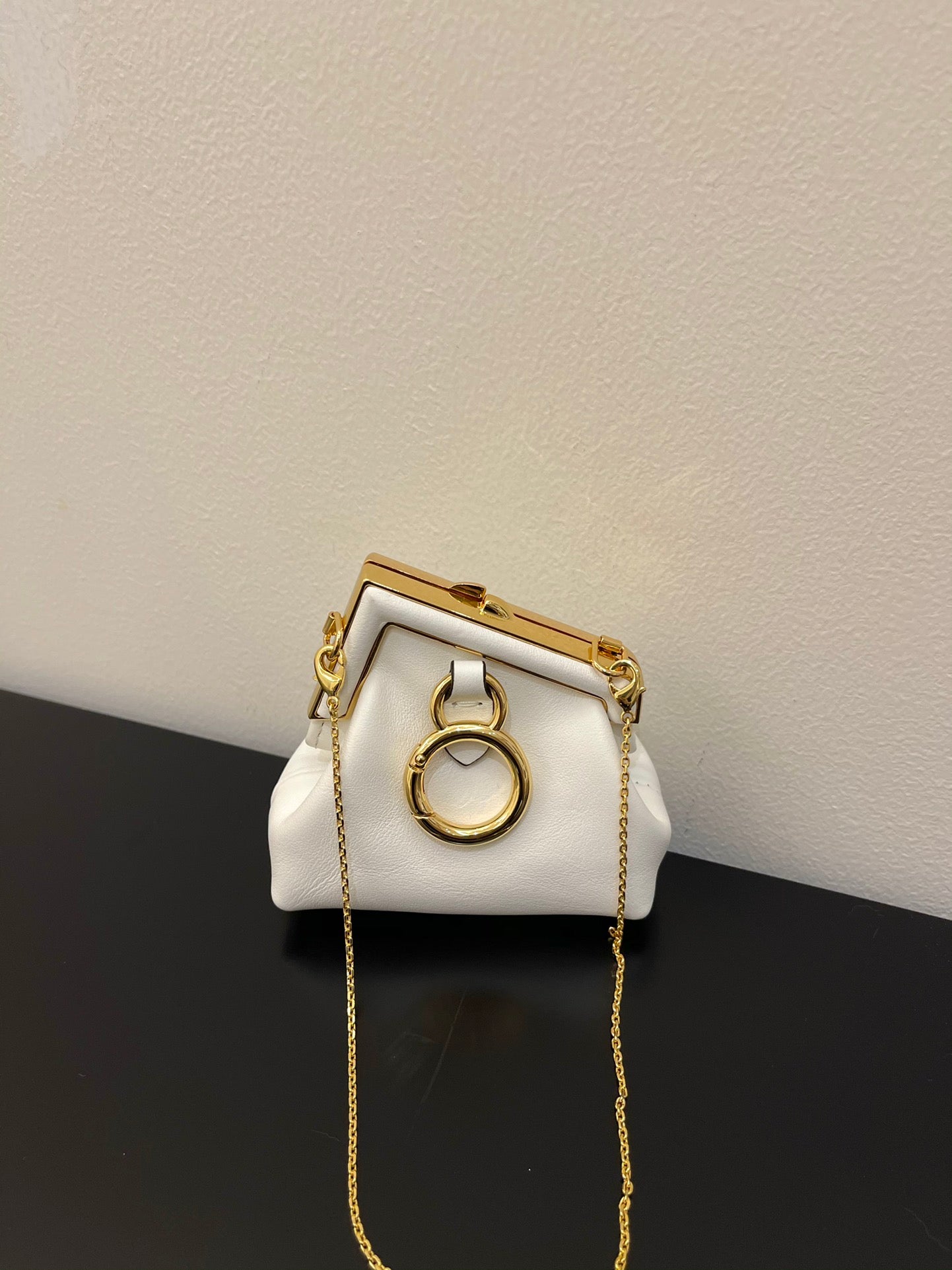 Fendi First Nano White Leather Charm Bag with Gold Chain