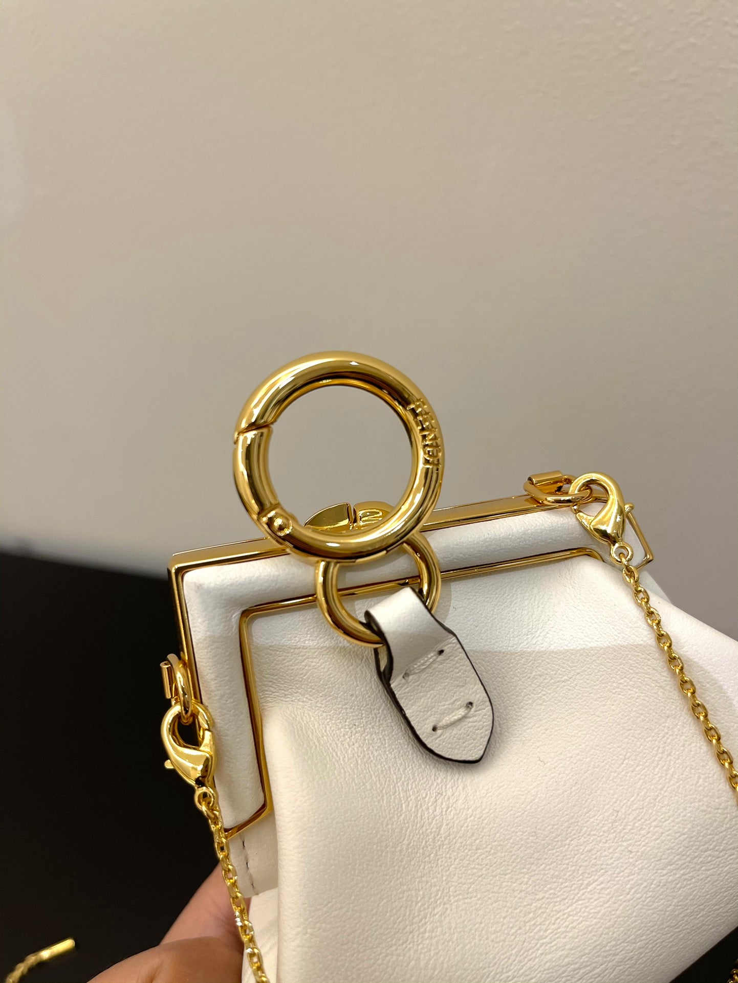 Fendi First Nano White Leather Charm Bag with Gold Chain