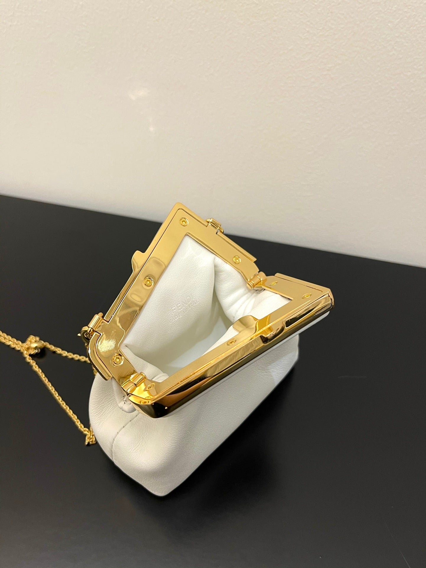 Fendi First Nano White Leather Charm Bag with Gold Chain