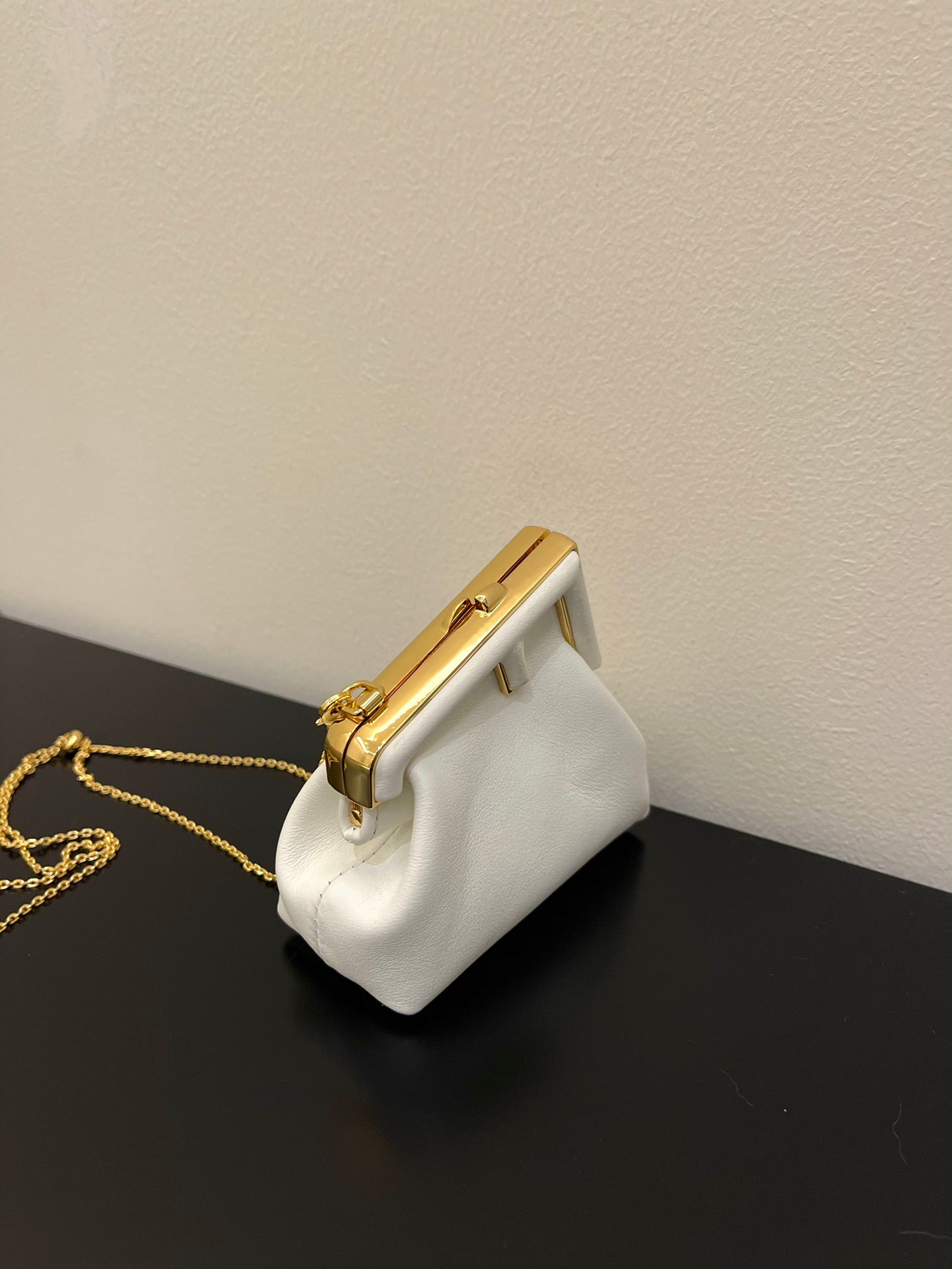 Fendi First Nano White Leather Charm Bag with Gold Chain