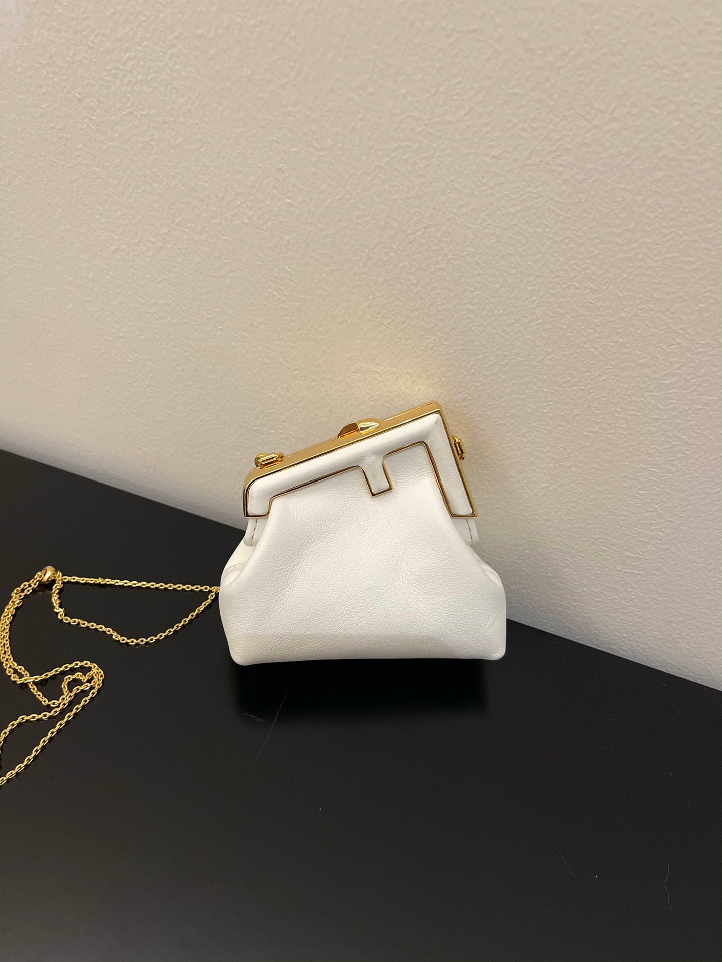 Fendi First Nano White Leather Charm Bag with Gold Chain