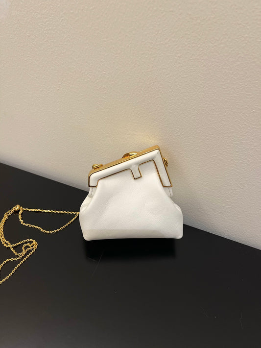 Fendi First Nano White Leather Charm Bag with Gold Chain