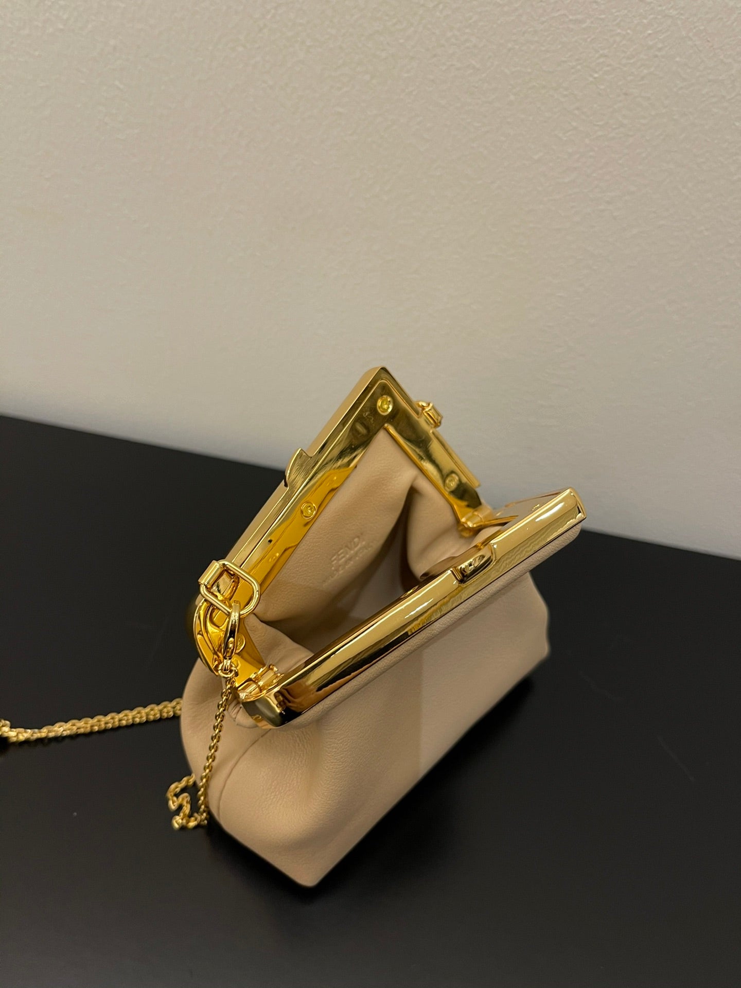Nano Beige Leather Pouch with Gold Chain Strap and Metal Frame Closure