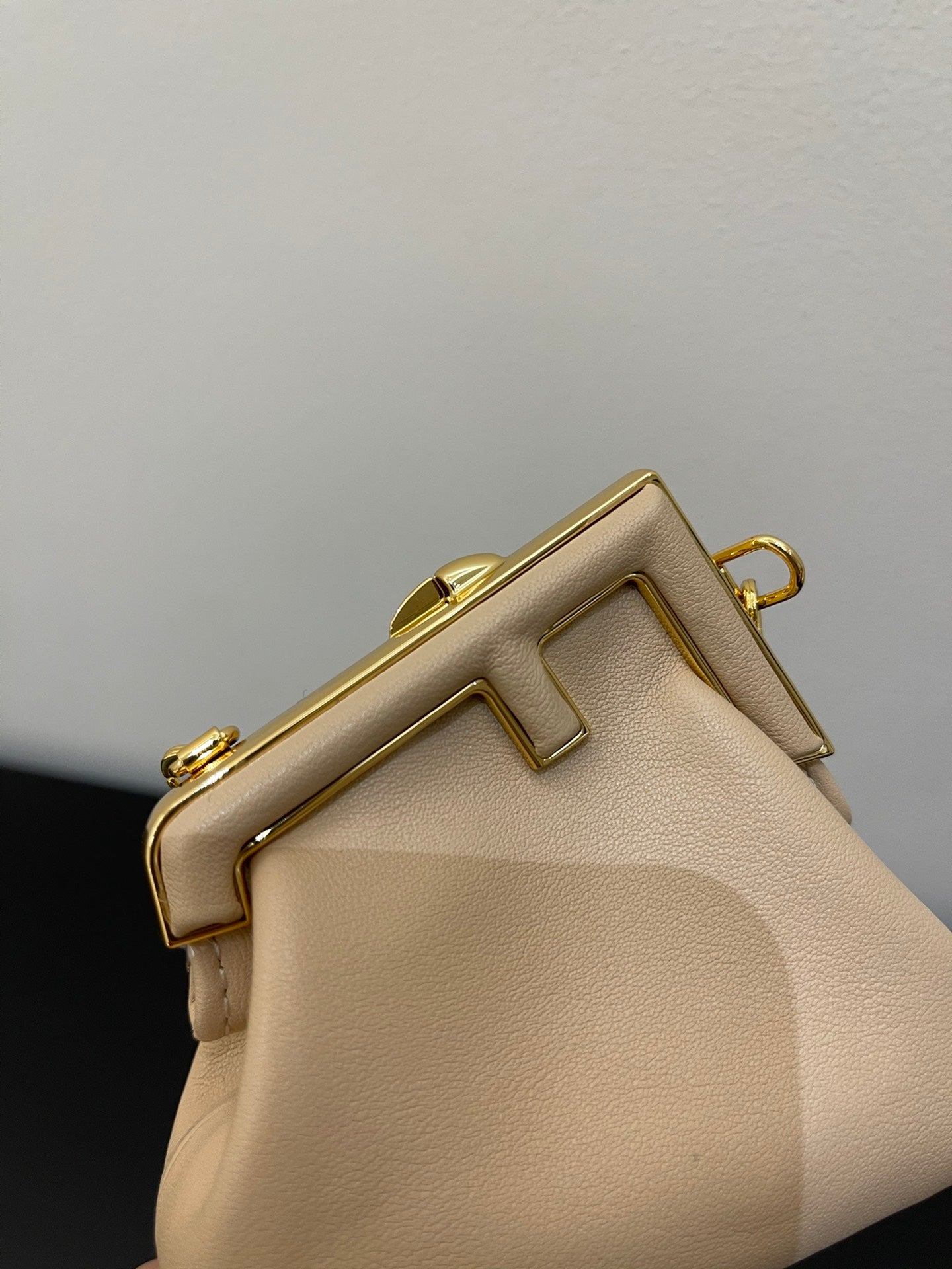 Nano Beige Leather Pouch with Gold Chain Strap and Metal Frame Closure
