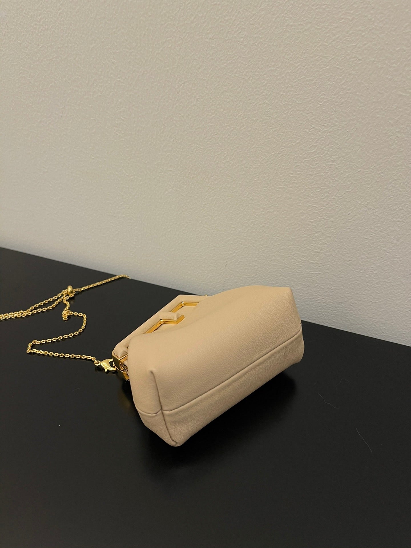 Nano Beige Leather Pouch with Gold Chain Strap and Metal Frame Closure