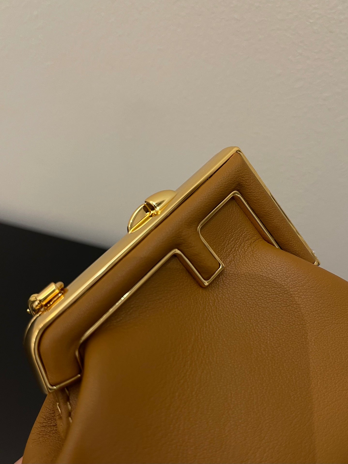 Mini Tan Leather Pouch Bag with Gold Chain Strap