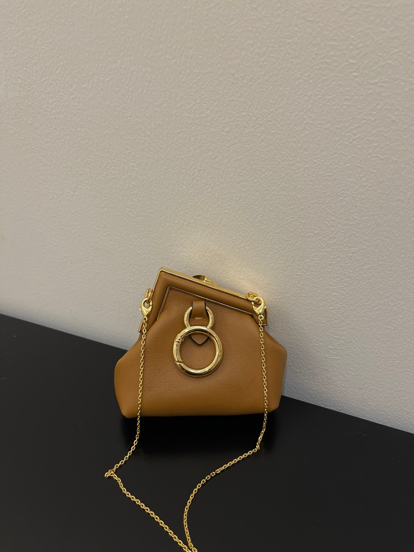 Mini Tan Leather Pouch Bag with Gold Chain Strap