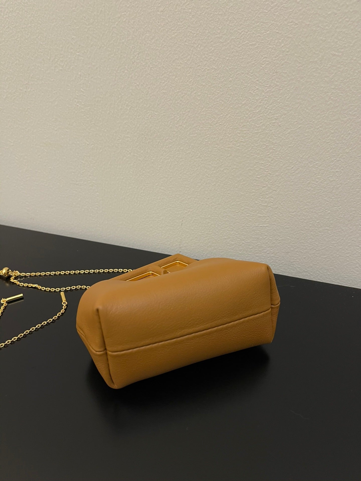 Mini Tan Leather Pouch Bag with Gold Chain Strap