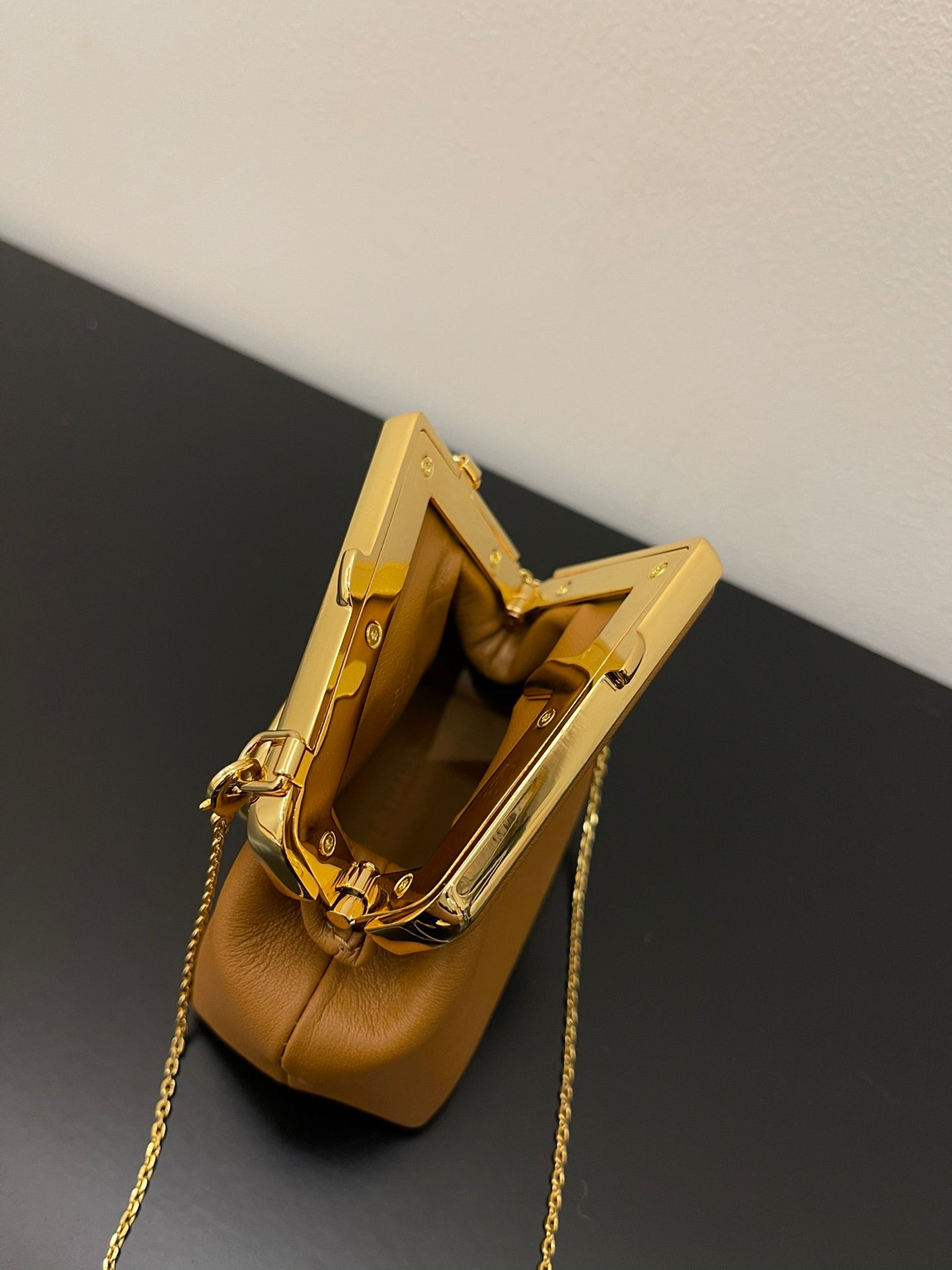 Mini Tan Leather Pouch Bag with Gold Chain Strap