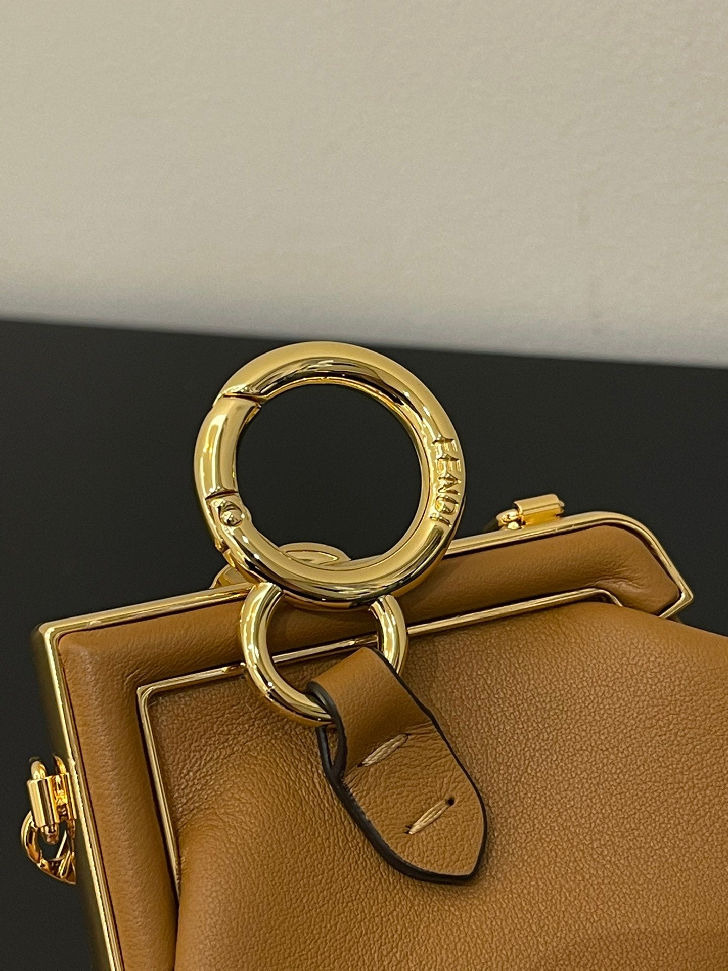 Mini Tan Leather Pouch Bag with Gold Chain Strap