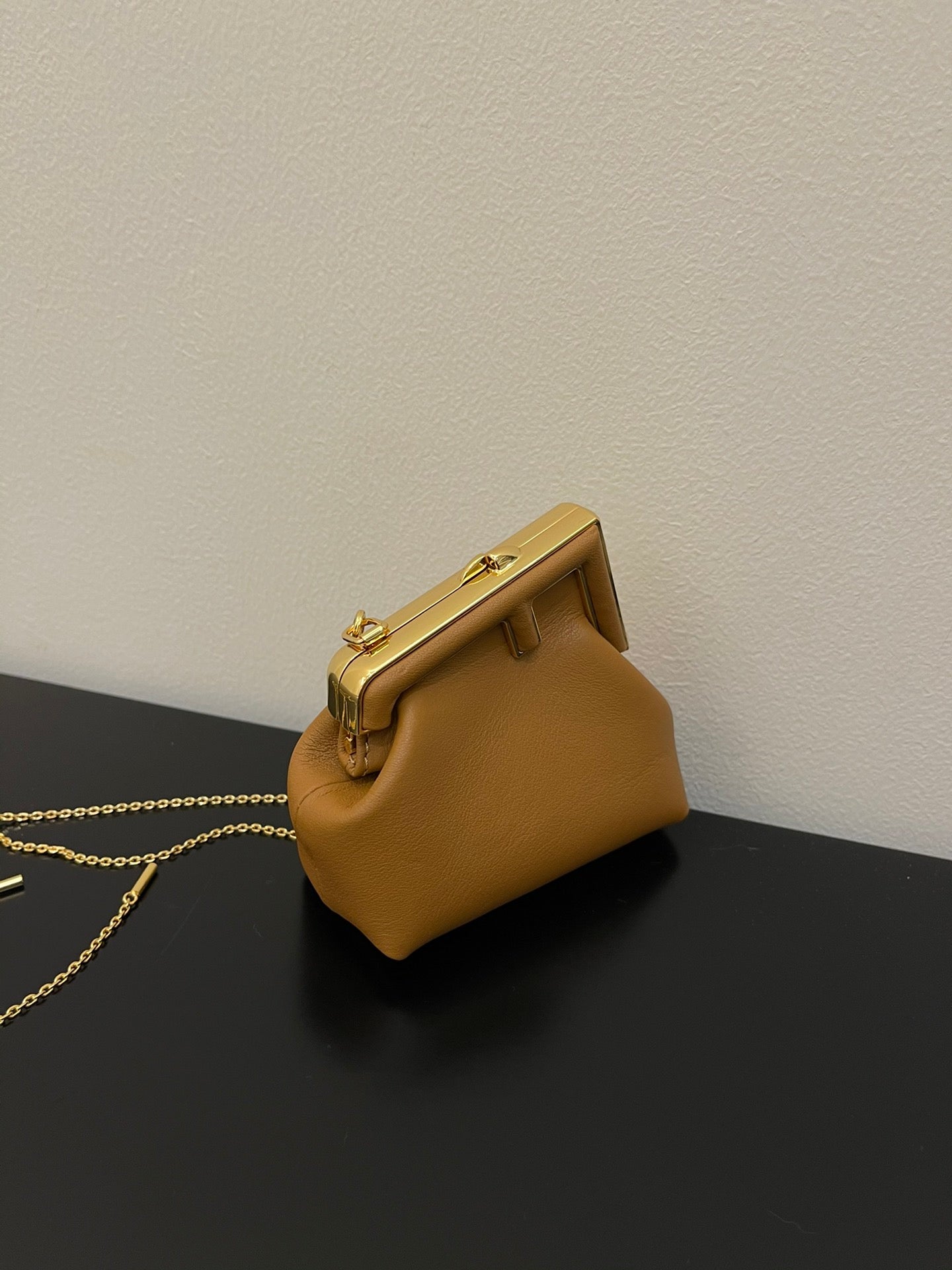 Mini Tan Leather Pouch Bag with Gold Chain Strap