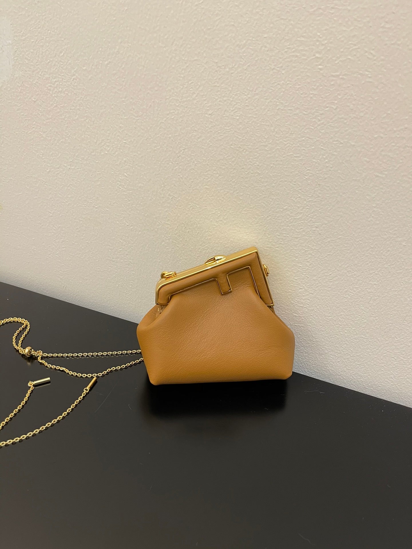 Mini Tan Leather Pouch Bag with Gold Chain Strap
