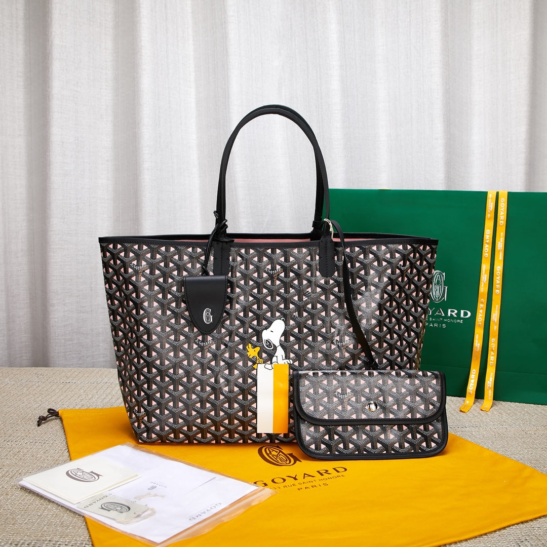Gogy Black Chevron Monogram Tote Bag with Matching Pouch and Cartoon Dog