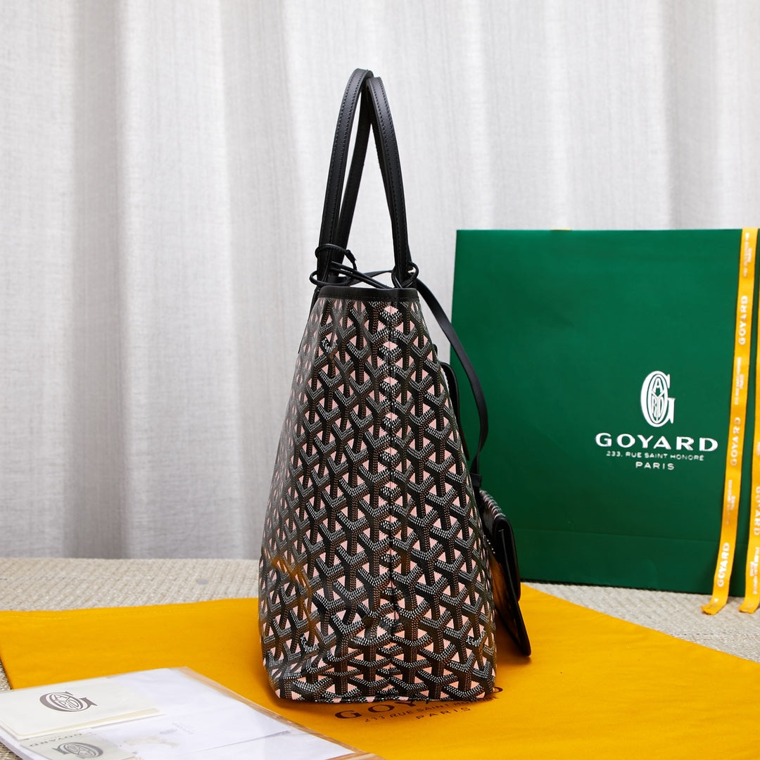 Gogy Black Chevron Monogram Tote Bag with Matching Pouch and Cartoon Dog