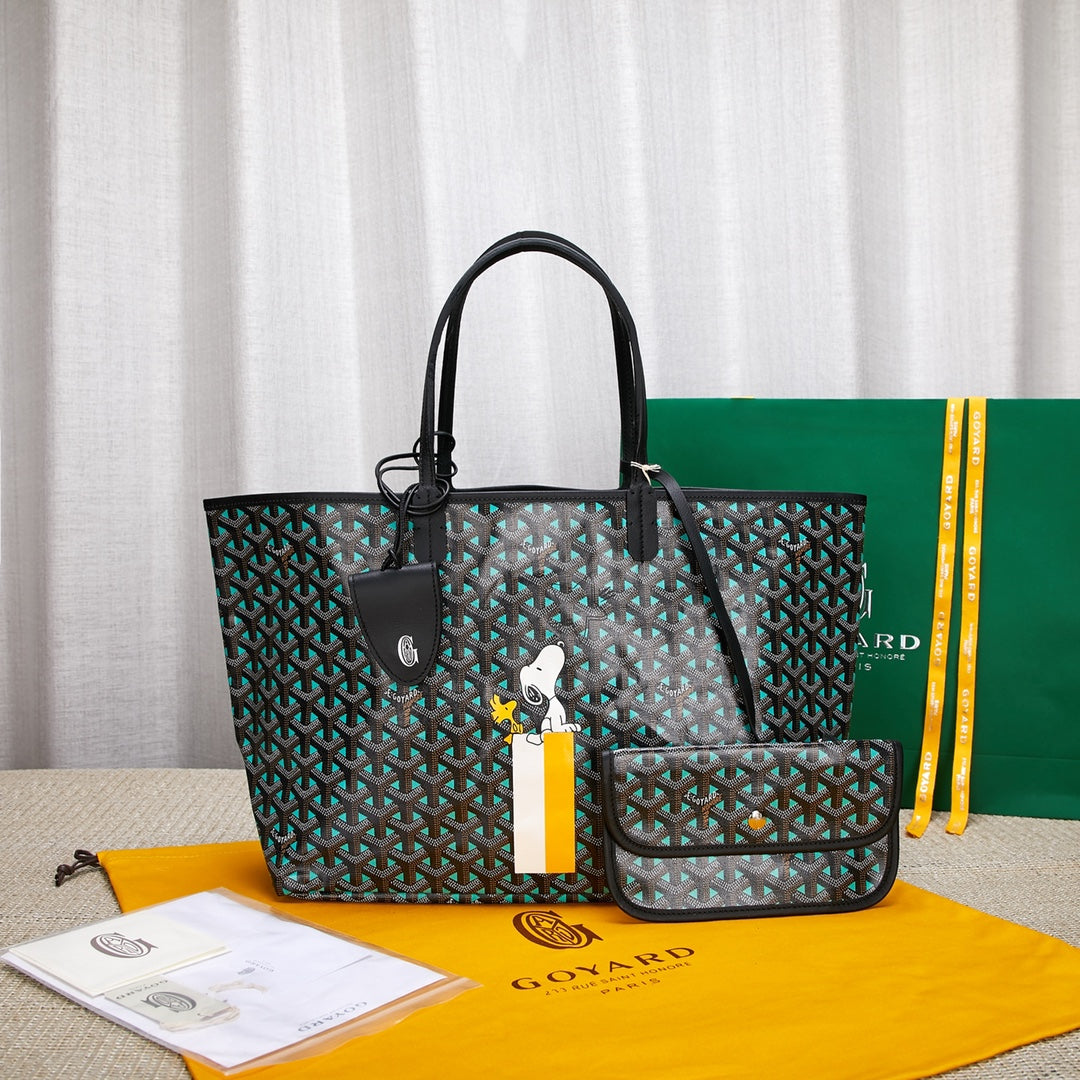 Gogy Classic Chevron Pattern Tote Bag with Cartoon Dog Print and Pouch