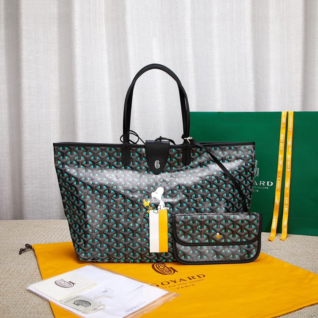 Gogy Classic Chevron Pattern Tote Bag with Cartoon Dog Print and Pouch