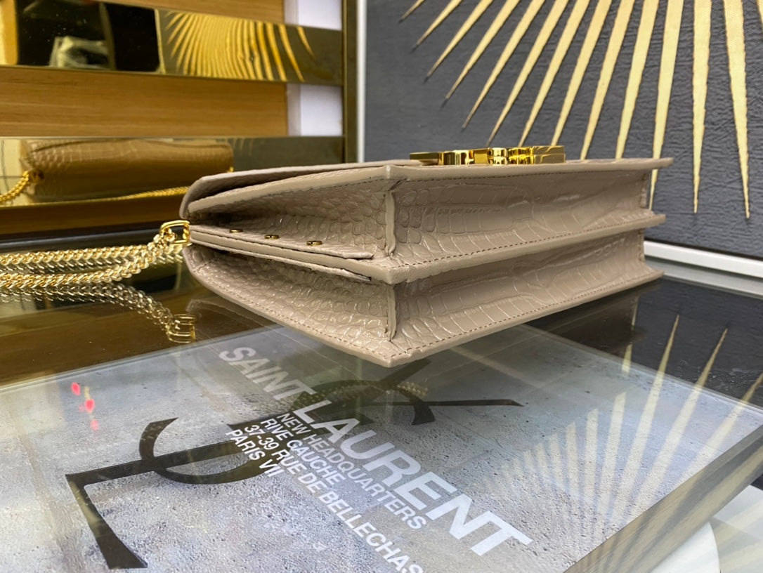 Saint Laurent Cassandre Envelope Chain Wallet - Beige Crocodile-Embossed Leather