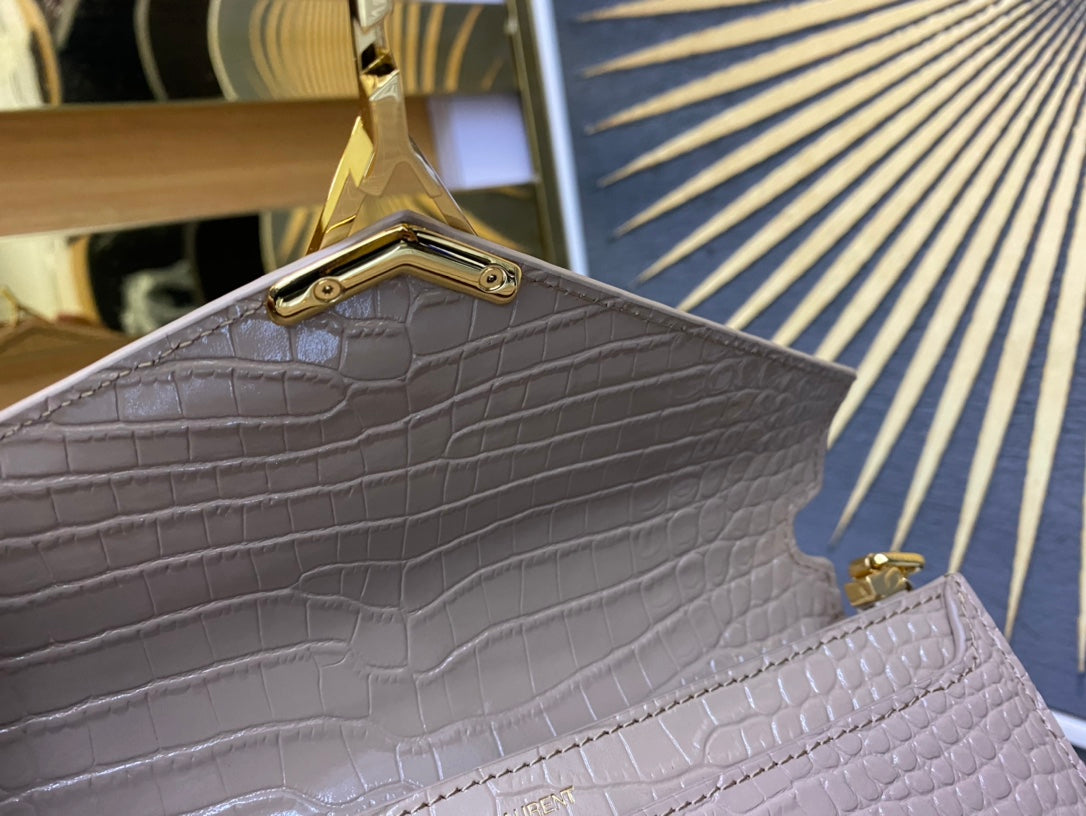Saint Laurent Cassandre Envelope Chain Wallet - Beige Crocodile-Embossed Leather