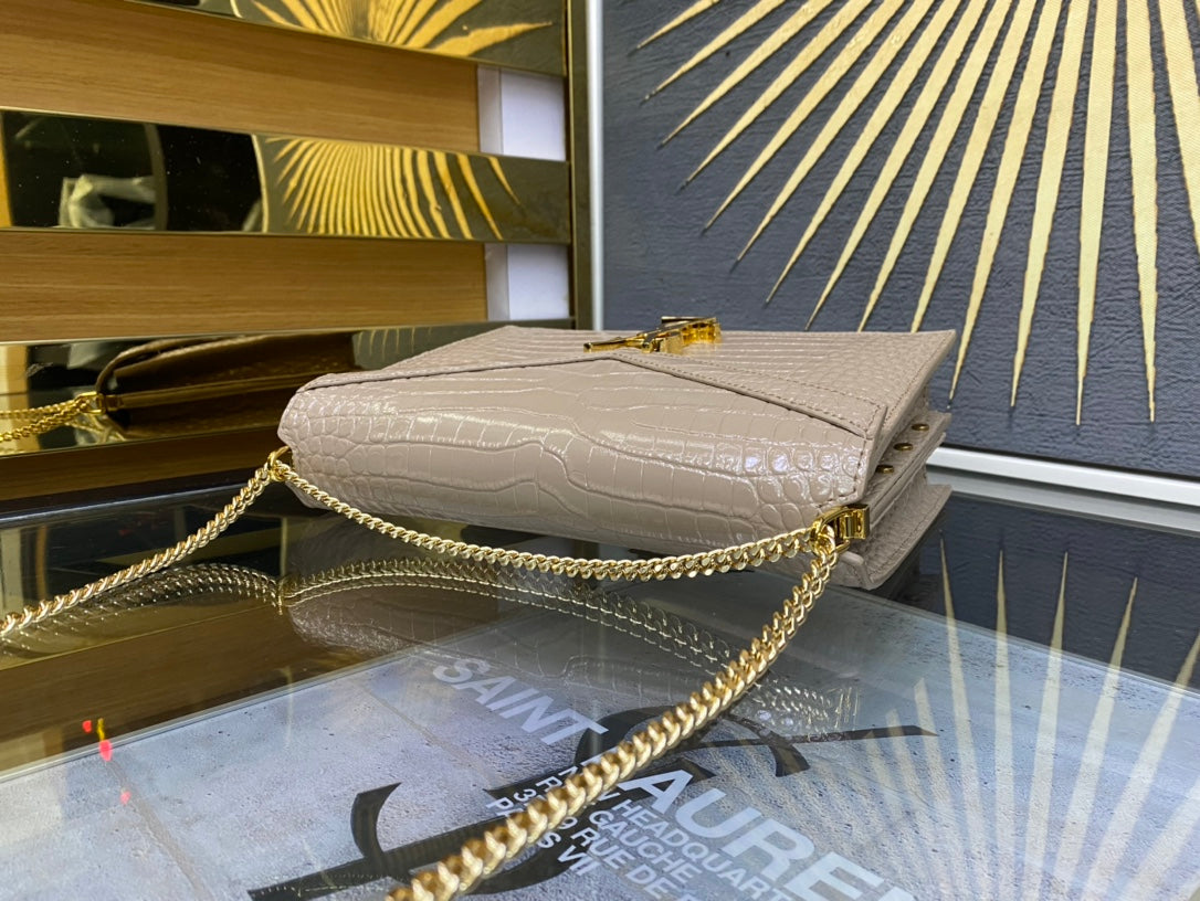 Saint Laurent Cassandre Envelope Chain Wallet - Beige Crocodile-Embossed Leather